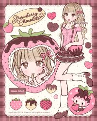 1girl bag blonde_hair braid brown_bag brown_shoes brown_skirt chocolate_strawberry commentary creature english_commentary english_text fashion food fork frilled_skirt frills fruit hair_ribbon handbag heart-shaped_bag high_heels highres jewelry leg_warmers long_hair multiple_views mxx025 neapolitan_palette necklace original pink_ribbon pink_shirt ribbon shirt shoes skirt standing standing_on_one_leg strawberry white_leg_warmers