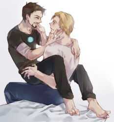 2boys animification arc_reactor avengers_(series) back barefoot black_pants black_shirt blonde_hair blue_eyes blue_pants blush brown_hair chinese_commentary closed_eyes closed_mouth commentary_request facial_hair hand_on_another&#039;s_face happy highres layered_sleeves long_sleeves looking_at_another male_focus marvel marvel_cinematic_universe multiple_boys on_bed pants shirt short_hair short_over_long_sleeves short_sleeves simple_background sitting sitting_on_person smile steve_rogers t-shirt teeth toenails tony_stark white_background white_shirt yaoi yizilu699