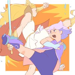 2girls 55bata6rou adora_(she-ra) blonde_hair blue_boots boots border cape clenched_hand dress fighting_stance fingerless_gloves glimmer_(she-ra) gloves high_kick highres holding holding_sword holding_weapon kicking leg_up long_hair multiple_girls open_mouth orange_background outside_border purple_hair purple_shirt red_cape she-ra_and_the_princesses_of_power shirt short_hair standing standing_on_one_leg sword v-shaped_eyebrows weapon white_border white_dress