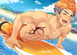 Rule 34 | &gt; o, 1boy, abs, arm support, bandaid, bandaid on cheek, bandaid on face, bara, beach, black hair, blush, chest tattoo, cloud, day, ear piercing, erection, foot out of frame, green eyes, jewelry, large pectorals, lifeguard, looking at viewer, lying, male focus, male swimwear, male swimwear writing, multicolored hair, muscular, muscular male, navel, necklace, nipples, on stomach, one eye closed, open mouth, orange hair, orange male swimwear, orange swim trunks, original, outdoors, pectorals, penis, piercing, short hair, sky, smile, solo, summer, surfboard, surfing, swim trunks, swim trunks writing, swimsuit, swimsuit writing, tattoo, teeth, topless male, two-tone hair, zamius
