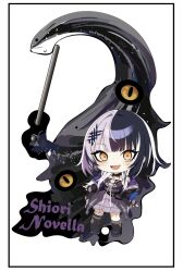 1girl akamiya_mumu black_boots black_choker black_coat black_hair black_thighhighs boots character_name chibi chibi_only choker coat grey_hair highres hololive hololive_english looking_at_viewer multicolored_hair open_mouth ribbon shiori_novella shiori_novella_(1st_costume) single_thighhigh split-color_hair striped_clothes striped_thighhighs thighhighs two-tone_hair virtual_youtuber white_background white_ribbon yellow_eyes