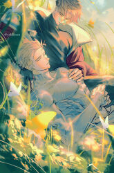 2boys absurdres black_shirt blonde_hair brothers bug butterfly closed_eyes hand_on_another&#039;s_shoulder highres incest insect long_sleeves lying male_focus millions_knives mole mole_under_eye multiple_boys on_back outdoors own_hands_clasped own_hands_together parted_lips pectorals shirt short_hair siblings trigun trigun_stampede turtleneck turtleneck_shirt vash_the_stampede yakikesen yaoi