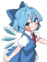 1girl blue_bow blue_dress blue_eyes blue_hair blush bow cirno closed_mouth dress hair_bow haru_maron highres looking_at_viewer neck_ribbon pinafore_dress red_ribbon ribbon shirt short_sleeves simple_background sleeveless sleeveless_dress solo touhou upper_body white_background white_shirt wings