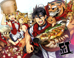 2boys 2girls :d :o animal_ears armband bamboo_steamer black_hair blonde_hair breasts bun_cover cat_ears fang fish_(food) food furry hair_between_eyes holding holding_tray kneeling knife knife_block lao_bang meat multiple_boys multiple_girls open_mouth orange_eyes pixiv_fantasia pixiv_fantasia_last_saga plate red_scarf renmin_(pixiv_fantasia_last_saga) scarf short_hair skin_fang small_breasts smile sunglasses tail tiger tiger_tail tray tsukinami_kousuke