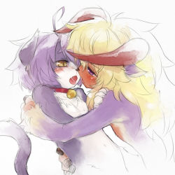 ahoge animal_ears behemoth bell blonde_hair blush collar curly_hair eye_contact fang furry horns hug kiss long_hair looking_at_another mizuki_kotora neck_bell open_mouth purple_eyes purple_hair saliva saliva_trail simple_background tail tongue yellow_eyes