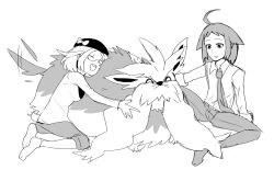 1boy 1girl ahoge animal_ears bianca_(pokemon) cheren_(pokemon) closed_eyes dog_ears dog_tail gen_5_pokemon glasses greyscale highres hug monochrome necktie nintendo open_mouth pokemon pokemon_(creature) pokemon_bw2 sitting smile stoutland tail tail_wagging vousser
