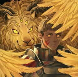 1boy blonde_hair blood blood_on_face closed_mouth commentary_request dungeon_meshi extra_eyes feathered_wings glowing glowing_eyes highres horns laios_touden lion looking_at_viewer male_focus monster sasakura34 short_hair solo undercut upper_body very_short_hair winged_lion_(dungeon_meshi) wings yellow_background yellow_eyes yellow_wings