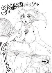 1boy 1girl blonde_hair blue_eyes breasts covered_erect_nipples facial_hair highres large_breasts legs long_hair mario mario_(series) mario_tennis monochrome mustache nintendo open_mouth overalls panties ponytail princess princess_peach racket smile surprised tennis_racket thick_thighs thighs tonsuke tonsuke_(ninnindo) traditional_media underwear