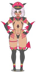 1girl :d areola_slip bikini black_bikini black_gloves blush boots breasts cameltoe covered_erect_nipples dark-skinned_female dark_skin demon_girl demon_tail demon_wings elbow_gloves flat_color frozen_gingasan full_body gloves gluteal_fold gunslinger_stratos hair_between_eyes hands_on_own_hips hat highleg highres looking_at_viewer low_wings medium_breasts navel open_mouth peaked_cap pink_hair pubic_tattoo revealing_clothes shinou_matsurika simple_background skirt slave_gear slingshot_swimsuit small_breasts smile solo standing swimsuit tail tan tattoo thigh_boots thigh_strap thighhighs thighs ts_magical_girl_nao twintails white_background wings yellow_eyes