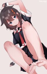 1girl ahoge black_serafuku blue_eyes blush braid brown_hair commentary_request fingerless_gloves gloves hair_flaps hair_ornament hair_over_shoulder highres kantai_collection long_hair looking_at_viewer miron_(mirona33) neckerchief pleated_skirt red_neckerchief school_uniform serafuku shigure_(kancolle) shigure_kai_ni_(kancolle) single_braid skirt smile solo