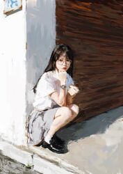 black_shoes brown_hair fuyumurasaki glasses grey_skirt highres lips long_hair outdoors real_life realistic red_lips shirt shoes skirt squatting t-shirt watch white_shirt wristwatch