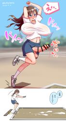 Rule 34 | 1futa, absurdres, blue eyes, bouncing breasts, breasts, brown hair, censored, covered erect nipples, cum, ejaculation, erection, futanari, highres, huge breasts, large penis, long hair, penis, shirt, shoes, shorts, socks, testicles