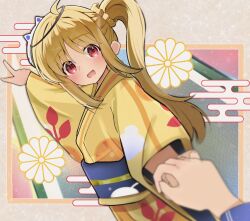 1girl 1other blonde_hair blue_sash bocchi_the_rock! egasumi floral_print floral_print_kimono highres holding_hands ijichi_nijika japanese_clothes kimono long_hair looking_at_viewer mask mask_on_head obi open_mouth poeme_tabetaina pov print_kimono red_eyes sash side_ponytail summer_festival yellow_kimono