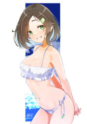 1girl aqua_hair ayuman bikini black_eyes blue_sky breasts cleavage cloud colorado frilled_bikini frills green_eyes hair_ornament hairclip highres kantai_collection kuroshio_(kancolle) leaning_forward medium_breasts navel parted_lips short_hair side-tie_bikini_bottom sky smile solo swimsuit white_bikini