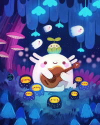acoustic_guitar artist_name bird blush commentary duck ellievsbear english_commentary ghost guitar highres holding holding_guitar holding_instrument instrument mushroom music no_humans original outdoors plant playing_guitar playing_instrument signature sitting sky smile solid_circle_eyes tree