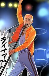 Rule 34 | 1boy, arm up, blonde hair, cheekbones, commentary request, contemporary, drum, drum set, facial hair, goatee, gun fellatio (shingeki no kyojin), instrument, jacket, male focus, microphone, mushi gyouza, orange jacket, reiner braun, shingeki no kyojin, solo, stage lights, translation request