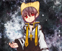 Rule 34 | 1boy, abstract background, animal hat, arch bishop (ragnarok online), black choker, black coat, brown hair, cat hat, choker, closed mouth, coat, commentary, cropped jacket, cross, grey background, hat, jacket, long sleeves, looking at viewer, male focus, ragnarok online, red eyes, shirokuro (erisnoa), short hair, smile, solo, symbol-only commentary, upper body, white jacket, yellow hat