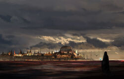 1other city cloud cloudy_sky cube dome facing_away fantasy faux_traditional_media floating from_behind hood hood_up hooded_robe horizon kgt_(pixiv12957613) landscape original robe scenery sky solo wide_shot