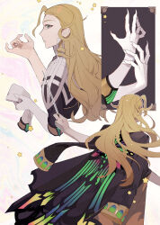 Rule 34 | 1boy, absurdres, black coat, blonde hair, coat, coat on shoulders, colorful background, conductor baton, curly hair, elbow gloves, fate/grand order, fate (series), fingernails, from behind, gloves, green eyes, highres, holding, holding baton, holding gloves, holding unworn clothes, long fingernails, long hair, long sleeves, looking at viewer, looking back, male focus, multiple views, outline, outstretched arms, parted lips, sharp fingernails, simple background, single glove, star (symbol), unworn gloves, white gloves, white outline, wolfgang amadeus mozart (fate), yukkuri (fumoyun)