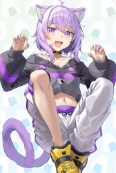 1girl absurdres ahoge animal_ear_fluff animal_ears black_collar black_hoodie cat_ears cat_girl cat_tail collar fangs food_print highres hololive hood hoodie looking_at_viewer medium_hair nekomata_okayu nekomata_okayu_(1st_costume) onigiri_print open_mouth pants purple_eyes purple_hair shoes skin_fangs smile solo tail vakuuberi virtual_youtuber white_pants yellow_shoes
