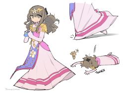 Rule 34 | 2girls, brown hair, cosplay, dress, elbow gloves, fairy, gloves, highres, link, link (cosplay), long hair, multiple girls, nintendo, pink dress, princess zelda, princess zelda (cosplay), simple background, sound effects, temmie chang, temmie chang (character), the legend of zelda, tiara