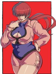 1girl antonubbies ass breasts cleavage_cutout clothing_cutout curvy dress female_focus fishnets huge_ass huge_breasts large_breasts long_hair long_sleeves open_mouth pale_skin ponytail red_hair shermie_(kof) shiny_skin skirt standing the_king_of_fighters thick_thighs thighs twintails wide_hips