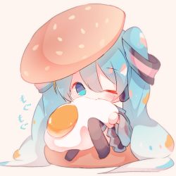 1girl black_skirt black_sleeves black_thighhighs blue_eyes blue_hair blush bread brown_background chibi commentary_request detached_sleeves eating egg_(food) food fried_egg fuyuzuki_gato hair_between_eyes hair_ornament hatsune_miku highres holding holding_food in_food long_hair long_sleeves looking_at_viewer pleated_skirt simple_background skirt solo sunny_side_up_egg thighhighs twintails very_long_hair vocaloid wide_sleeves