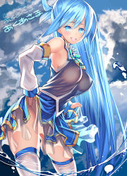10s 1girl aqua_(konosuba) blue_eyes blue_hair breasts cloud coffee_cat detached_sleeves female_focus kono_subarashii_sekai_ni_shukufuku_wo! large_breasts long_hair looking_at_viewer matching_hair/eyes no_panties open_mouth see-through_silhouette smile solo text_focus thighhighs translation_request wading water water_drop white_thighhighs
