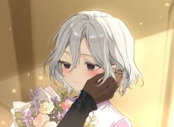 2boys bags_under_eyes black_eyes black_hair blue_eyes blush bouquet curly_hair dark-skinned_male dark_skin dungeon_meshi elf flower grey_hair kabru lazy_eye male_focus mayomayoland mithrun multiple_boys notched_ear pointy_ears shirt short_hair uneven_eyes yaoi