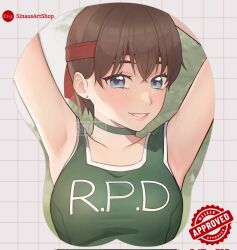 1girl armpits arms_up artist_name blue_eyes blush brown_hair choker collarbone commentary corrupted_twitter_file crossed_bangs earrings english_commentary green_choker green_sports_bra grey_background headband highres jewelry looking_at_viewer mousepad_(medium) rebecca_chambers red_headband resident_evil resident_evil_0 short_hair sinau solo sports_bra stud_earrings