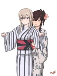 2girls akagi_(kancolle) alternate_costume alternate_hairstyle blonde_hair brown_eyes brown_hair floral_print graf_zeppelin_(kancolle) hair_between_eyes hair_bun hair_down highres japanese_clothes kantai_collection kimono long_hair multiple_girls outstretched_arms purple_eyes signature simple_background smile striped_clothes striped_kimono tanasiso vertical-striped_clothes vertical-striped_kimono white_background