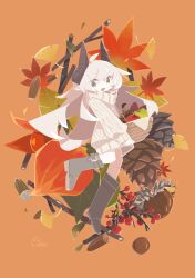 1girl :d absurdres acorn ahoge aida_(aidia) apple autumn autumn_leaves basket berry boots commentary_request dot_nose floating floating_hair food fruit full_body green_eyes grey_boots grey_hair grey_sweater highres holding holding_basket horns leaf long_hair long_sleeves looking_at_viewer no_sclera nut_(food) open_mouth orange_background original pointy_ears puffy_long_sleeves puffy_sleeves smile solo stick sweater sweet_potato