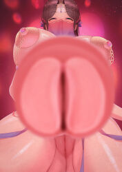 Rule 34 | 1futa, absurdres, arabian clothes, blurry, blush, breasts, brown hair, depth of field, futanari, half-closed eyes, highres, large breasts, long hair, looking at viewer, mouth veil, open mouth, pasties, penis, pov, pukupukubu, purple eyes, solo, veil