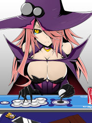 Rule 34 | 1girl, arc system works, arcade, bare shoulders, black sclera, blazblue, blazblue: central fiction, breasts, cameo, cape, cellphone, cleavage, colored sclera, detached sleeves, female focus, gloves, hair over one eye, hat, highres, jubei (blazblue), konoe a. mercury, large breasts, long hair, looking at viewer, phantom (blazblue), phone, pink hair, playing games, pout, slit pupils, solo, tears, valthazeryus, wavy mouth, yellow eyes