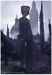 1girl absurdres androgynous artist_name bare_tree belt belt_buckle belt_pouch black_hair black_jacket black_legwear broken brown_belt brown_coat buckle clock clock_tower closed_mouth cloud cloudy_sky coat collared_shirt colt_1851_navy dome dress_shirt expressionless fallen_tree female_focus flat_chest fog full_body fur_hat goggles goggles_on_head goggles_on_headwear gun hair_between_eyes handgun hat highres holding holding_coat holding_gun holding_unworn_clothes holding_weapon holster jacket kino_(kino_no_tabi) kino_no_tabi looking_at_viewer overcast overcoat pants pine_tree pouch purple_eyes reverse_trap revolver rounin_(amuza) ruins scan scan_artifacts shirt short_hair skinny sky solo standing statue thigh_gap tomboy tower translated tree twitter_username unworn_coat ushanka weapon white_shirt wind
