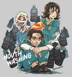 1girl 2boys anya_(mouthwashing) bandaged_arm bandaged_head bandaged_neck bandages beard_stubble black_eyes black_hair blue_eyes blue_jumpsuit copyright_name curly_(mouthwashing) curly_(post-crash) exposed_muscle facial_hair grey_background hat highres jimmy_(mouthwashing) jumpsuit long_hair minagawa_fumio mouthwash mouthwashing multiple_boys open_mouth party_hat short_hair simple_background sitting stubble teeth twitter_username