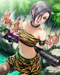 1girl :p animal_print armlet bare_shoulders black_collar black_hair blurry blurry_background bokeh bow bow_skirt bra bracelet breasts brown_eyes brown_horns buckle club club_(weapon) collar collarbone cowboy_shot day depth_of_field dutch_angle fishnet_pantyhose fishnets highres holding holding_weapon horn_ornament horns jewelry kanabou kobayakawa_rinko light_rays looking_at_viewer love_plus medium_breasts midriff navel ocean official_art oni open_hand outdoors pantyhose picture_frame rock short_hair skirt solo spiked_bracelet spiked_collar spikes sunbeam sunlight tiger_print tongue tongue_out torn_clothes torn_pantyhose underwear v-shaped_eyebrows weapon
