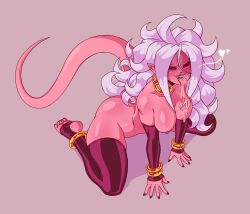 1girl android_21 anklet ass bad_tag black_lips black_nails black_sclera black_thighhighs blush bracelet breasts breath colored_sclera colored_skin curly_hair detached_sleeves dragon_ball dragon_ball_fighterz drooling earrings fangs feet hair_between_eyes heart highres hoop_earrings jewelry kneeling long_tail long_tongue majin_android_21 messy_hair neck_ring nipples nude pink_skin pointy_ears red_eyes saliva skindentation solo spread_legs stirrup_legwear tail teasing thebeanghost_(artist) thick_thighs thighhighs thighs toeless_legwear tongue tongue_out white_hair
