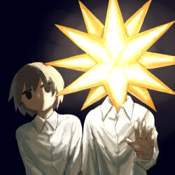 Rule 34 | 2boys, absurdres, avogado6, collared shirt, dark, glowing, grey hair, highres, long sleeves, male focus, multiple boys, no mouth, object head, original, shirt, solid eyes, upper body, white shirt