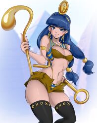 1girl absurdres black_thighhighs blue_eyes blue_hair blunt_bangs breasts brown_shorts cleavage earrings highleg highleg_panties highres jewelry key_earrings long_hair looking_at_viewer michigami_nareko nothing_left panties scepter short_shorts shorts solo thighhighs touhou unbuttoned underwear