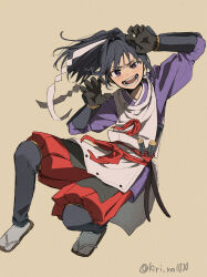 1boy armor artist_name baggy_pants belt black_gloves black_hair blush bow brown_background brown_sandals commentary_request floating_hair full_body gloves gohei hands_up high_ponytail highres houjou_tokiyuki_(nige_jouzu_no_wakagimi) japanese_armor japanese_clothes kariginu katana kiri_no1020 kote kurokote long_hair long_sleeves looking_at_viewer male_focus nige_jouzu_no_wakagimi oonusa open_mouth pants ponytail puffy_long_sleeves puffy_sleeves purple_eyes purple_shirt red_belt red_bow red_pants sandals shirt simple_background smile socks solo sword teeth v-shaped_eyebrows weapon white_socks