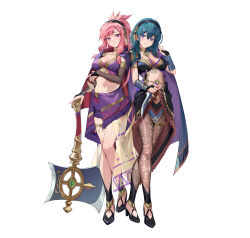 2girls absurdres axe blue_eyes blue_hair breasts female_byleth_(fire_emblem) female_byleth_(jehanna)_(fire_emblem) cleavage dagger fire_emblem fire_emblem:_the_sacred_stones fire_emblem:_three_houses fire_emblem_heroes full_body hair_between_eyes highres kainown knife long_hair marisa_(fire_emblem) marisa_(jehanna)_(fire_emblem) medium_breasts medium_hair multiple_girls nintendo official_alternate_costume official_art pantyhose pink_eyes pink_hair ponytail weapon