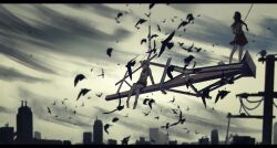 Rule 34 | 2girls, arms behind back, barefoot, bird, black hair, black skirt, braid, brown sweater vest, cable, city, cityscape, cloud, cloudy sky, construction, crow, dress shirt, evening, facing away, facing to the side, foot dangle, grey sky, highres, kotomeiro, multiple girls, original, outdoors, overcast, pleated skirt, shirt, single braid, sitting, skirt, sky, skyline, steel beam, sweater vest, truss, utility pole, white hair, white shirt