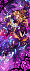 1girl armor barefoot blonde_hair cape commentary english_commentary female_corrin_(fire_emblem) fire_emblem fire_emblem_fates floating_hair flower full_body gauntlets highres holding holding_sword holding_weapon long_hair mayordea nintendo red_eyes solo stained_glass sword water weapon