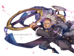 1boy beard black_cape black_hairband black_jacket black_pants black_scarf black_socks cape closed_mouth commentary_request drag-on_dragoon drag-on_dragoon_3 facial_hair facial_mark floating_hair flower foot_out_of_frame full_beard geta grey_hair hair_flower hair_ornament hairband hand_tattoo holding holding_weapon jacket jewelry long_sleeves male_focus multiple_rings mustache nadir_(nadirnek) nose old old_man outstretched_arm pants petals purple_eyes purple_flower ring scarf short_hair socks solo tattoo tengu-geta toeless_legwear weapon white_background