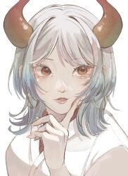 1girl blue_hair commentary_request earrings highres horns japanese_clothes jewelry kimono looking_to_the_side medium_hair one_piece orange_eyes parted_lips simple_background solo u_mi031 white_background white_hair white_kimono yamato_(one_piece)