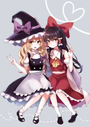 2girls absurdres apron black_hat black_shoes black_skirt black_vest blonde_hair blush bow braid brown_hair buttons closed_mouth commentary detached_sleeves double-breasted frilled_apron frilled_hair_tubes frilled_skirt frills full_body grey_background hair_between_eyes hair_bow hair_tubes hakurei_reimu hat hat_bow hat_ribbon heart heart_of_string highres kirisame_marisa long_hair long_sleeves mary_janes midriff_peek multiple_girls open_mouth purple_bow purple_ribbon red_bow red_eyes red_skirt red_vest ribbon satori_(kxdm8872) shirt shoes short_sleeves side_braid single_braid sitting skirt skirt_set smile socks touhou turtleneck turtleneck_shirt v vest waist_apron white_apron white_shirt white_sleeves white_socks wide_sleeves witch yellow_eyes