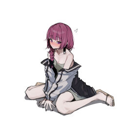 1girl absurdres black_nails blush bocchi_the_rock! braid commentary dress earrings flying_sweatdrops geta green_dress highres hiroi_kikuri hodo100s jacket jewelry long_hair purple_eyes purple_hair shadow simple_background single_bare_shoulder single_braid solo sweat toes white_background white_jacket