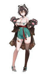 1girl absurdres ahoge animal_ears animal_hands bandeau bare_shoulders black_hair breasts brown_jacket brown_thighhighs cleavage closed_mouth commentary_request commission full_body gloves green_skirt heart heart_ahoge high-waist_skirt high_heels highres jacket jewelry korean_commentary large_breasts looking_at_viewer muhae_(dcnh8882) necklace off_shoulder original paw_gloves shoes short_hair side_slit simple_background single_thighhigh skirt smile solo thigh_strap thighhighs thighs white_background white_bandeau white_shoes yellow_eyes