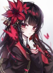 1girl badge black_hair bug butterfly flower gloves hair_flower hair_ornament highres hime_cut insect long_hair magical_girl mahou_shoujo_no_majo_saiban nikaidou_hiro red_butterfly red_eyes red_flower school_uniform sttail0301 thinking white_gloves
